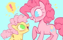 Size: 4096x2650 | Tagged: safe, artist:switchsugar, li'l cheese, pinkie pie, pony, g4, the last problem, blue background, duo, exclamation point, female, filly, mare, mother and child, mother and daughter, no pupils, simple background, smiling