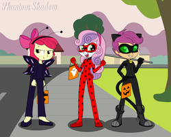 Size: 3000x2400 | Tagged: safe, artist:phantomshadow051, apple bloom, scootaloo, sweetie belle, human, equestria girls, g4, :t, akuma, annoyed, apple bloom is not amused, apple bloom's bow, bag, bell, bodysuit, bow, candy bag, cat bell, cat ears, catsuit, chat noir, clothes, cosplay, costume, cross-popping veins, crossover, cute, cutie mark crusaders, female, grin, hair bow, halloween, halloween costume, hawk moth, high res, holiday, ladybug (miraculous ladybug), miraculous ladybug, open mouth, smiling, street, trio, trio female, unamused