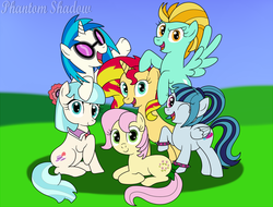 Size: 1500x1142 | Tagged: safe, artist:phantomshadow051, coco pommel, dj pon-3, lightning dust, posey, sonata dusk, sunset shimmer, vinyl scratch, earth pony, pegasus, pony, unicorn, g1, g4, alternate mane six, bow, cocobetes, cute, dustabetes, equestria girls ponified, female, g1 to g4, generation leap, looking at you, mane six opening poses, mare, one eye closed, open mouth, ponified, prone, request, signature, sitting, smiling, smiling at you, sonatabetes, spread wings, tail bow, vinylbetes, wings, wink, wristband