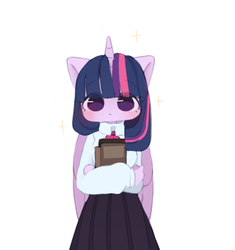 Size: 662x704 | Tagged: safe, artist:smolmew, twilight sparkle, alicorn, anthro, g4, blushing, book, clothes, cute, eye clipping through hair, female, looking at you, moe, no nose, no pupils, pleated skirt, simple background, skirt, solo, twiabetes, twilight sparkle (alicorn), white background
