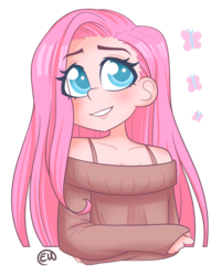 Size: 1024x1272 | Tagged: safe, artist:erkythehero23, fluttershy, butterfly, human, g4, bust, clothes, colored pupils, cute, cutie mark, eye clipping through hair, female, humanized, off shoulder, shyabetes, simple background, solo, sweater, sweatershy, transparent background