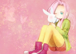 Size: 1280x905 | Tagged: safe, artist:mizoreame, angel bunny, fluttershy, butterfly, human, g4, converse, cuddling, cute, female, humanized, one eye closed, shoes, shyabetes, sitting, solo, winged humanization, wings