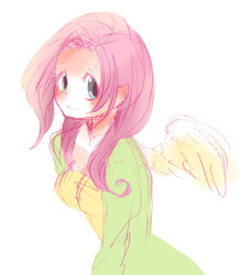Size: 612x700 | Tagged: safe, artist:mizoreame, fluttershy, human, g4, blushing, cute, female, humanized, shyabetes, simple background, solo, white background, winged humanization, wings