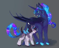 Size: 4035x3298 | Tagged: safe, artist:girlboyburger, princess luna, oc, oc:lilith(cosmichorse), alicorn, earth pony, pony, g4, adopted offspring, alicorn costume, clothes, constellation freckles, costume, cute, ethereal mane, fangs, female, filly, foal, freckles, galaxy mane, high res, leonine tail, mare, nightmare night, nightmare night costume, offspring, parent:princess luna, sharp teeth, smiling, star freckles, stars, teeth, unshorn fetlocks