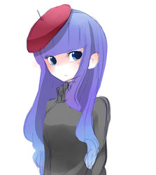 Size: 624x700 | Tagged: safe, artist:mizoreame, rarity, human, g4, beatnik rarity, beret, clothes, cute, female, hat, humanized, raribetes, simple background, solo, sweater, white background