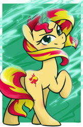 Size: 1252x1920 | Tagged: safe, artist:lilliesinthegarden, sunset shimmer, pony, unicorn, g4, cute, female, glowing horn, horn, looking at you, magic, mare, raised hoof, shimmerbetes, solo