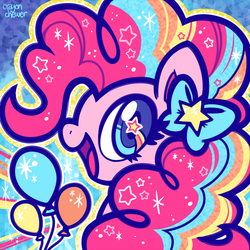 Size: 500x500 | Tagged: safe, artist:crayon-chewer, part of a set, pinkie pie, earth pony, pony, g4, twilight's kingdom, balloon, bow, bust, cute, diapinkes, female, groovy, hair bow, icon, open mouth, portrait, rainbow power, solo, starry eyes, wingding eyes