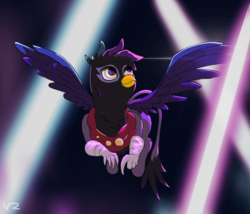 Size: 1968x1686 | Tagged: safe, artist:emerson-vzn, griffon, claws, clothes, flying, looking up, paws, scarf, solo, wings