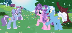 Size: 1190x541 | Tagged: safe, artist:z-shadow-0, petunia petals, sunny skies, oc, oc:flowery dawn, earth pony, pony, unicorn, g4, my little pony: rainbow roadtrip, base used, family, female, filly, freckles, male, mare, offspring, parent:petunia petals, parent:sunny skies, parents:petuniasky, petuniasky, shipping, show-ified, stallion, straight