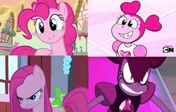 Size: 1118x715 | Tagged: safe, edit, edited screencap, screencap, gummy, pinkie pie, alligator, earth pony, gem (race), pony, a friend in deed, g4, party of one, spoiler:steven universe: the movie, cartoon network, cartoon network logo, comparison, default spinel, female, gem, male, mare, pinkamena diane pie, spinel, spinel (steven universe), spoilers for another series, steven universe, steven universe: the movie