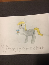 Size: 480x640 | Tagged: safe, artist:tophxomi, derpy hooves, pegasus, pony, g4, cute, derpabetes, female, food, mare, mlp fim's ninth anniversary, muffin, perfect, solo, traditional art