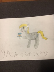 Size: 480x640 | Tagged: safe, artist:tophxomi, derpy hooves, pegasus, pony, g4, cute, derpabetes, female, food, mare, mlp fim's ninth anniversary, muffin, solo, traditional art