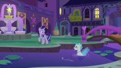 Size: 1920x1080 | Tagged: safe, screencap, starlight glimmer, terramar, pony, seapony (g4), unicorn, g4, student counsel, bridge, duo, female, fountain, looking at each other, male, mare, night, open mouth, pond, raised hoof, school of friendship, situation, teenager, water, worried