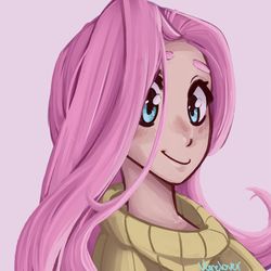 Size: 1280x1280 | Tagged: safe, artist:vanelover, fluttershy, human, g4, bust, clothes, cute, female, humanized, looking at you, pink background, portrait, shyabetes, simple background, solo, sweater, sweatershy