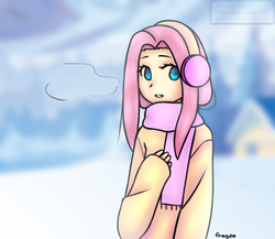 Size: 1150x1000 | Tagged: safe, artist:happysweet2008, fluttershy, human, g4, blurry background, breath, clothes, colored pupils, cute, earmuffs, female, humanized, scarf, shyabetes, snow, solo, sweater, sweatershy, winter