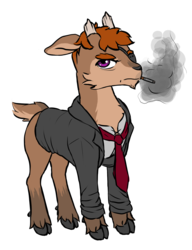 Size: 1398x1823 | Tagged: safe, artist:multiverseequine, derpibooru exclusive, oc, oc only, oc:manchineel, deer, pony, bottomless, broken horn, cigarette, clothes, daybreak island, deer oc, eyepatch, full body, horn, male, necktie, non-pony oc, partial nudity, shirt, simple background, smoking, solo, transparent background