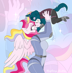 Size: 2023x2059 | Tagged: safe, artist:raspberrystudios, oc, oc only, oc:aurelia charm, oc:kitt, alicorn, anthro, alicorn oc, crossover, female, final space, furry, high res, looking at each other, male, mother and son, multicolored mane, spacesuit, ventrexian, zoom layer