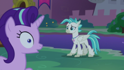 Size: 1920x1080 | Tagged: safe, screencap, starlight glimmer, terramar, hippogriff, pony, unicorn, g4, student counsel, :o, duo, open mouth, water, wide eyes