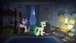 Size: 1920x1080 | Tagged: safe, screencap, starlight glimmer, terramar, hippogriff, pony, unicorn, g4, student counsel, bed, book, bunk bed, dormitory, duo, ladder, moon, silverstream's room, window