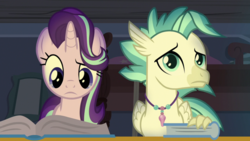 Size: 1920x1080 | Tagged: safe, screencap, starlight glimmer, terramar, hippogriff, pony, unicorn, g4, student counsel, bed, book, dormitory, duo, frown, ladder, looking down, silverstream's room