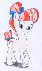 Size: 450x768 | Tagged: safe, artist:rizdub, rainbow stars, pony, unicorn, g4, background pony, bow, crossed hooves, solo, traditional art