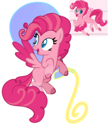 Size: 1863x2139 | Tagged: safe, artist:lilith1light, artist:pegasski, pinkie pie, pegasus, pony, g4, leak, base used, cutie mark background, female, flying, g5 concept leaks, happy, mare, open mouth, pegasus pinkie pie, pinkie pie (g5 concept leak), race swap, signature, solo