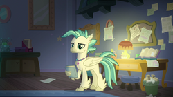 Size: 1280x720 | Tagged: safe, screencap, terramar, classical hippogriff, hippogriff, g4, student counsel, book, dormitory, jewelry, lamp, male, map, necklace, silverstream's room, solo