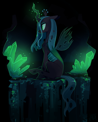 Size: 1277x1596 | Tagged: safe, artist:jademoona, queen chrysalis, changeling, changeling queen, g4, changelings in the comments, crown, crystal, female, glowing horn, horn, jewelry, profile, quadrupedal, regalia, sitting, solo