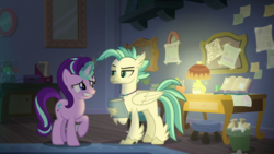 Size: 1920x1080 | Tagged: safe, screencap, starlight glimmer, terramar, classical hippogriff, hippogriff, pony, unicorn, g4, student counsel, book, dormitory, duo, female, jewelry, lamp, magic, magic aura, male, map, mare, necklace, raised eyebrow, raised hoof, silverstream's room, terramar is not amused, unamused