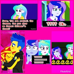 Size: 1024x1024 | Tagged: safe, edit, flash sentry, princess celestia, princess luna, principal celestia, sunset shimmer, vice principal luna, equestria girls, g4, brooch, clothes, comic, cutie mark, cutie mark accessory, cutie mark brooch, cutie mark on clothes, female, jewelry, male, ship:flashimmer, shipping, straight