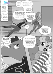 Size: 1200x1697 | Tagged: safe, artist:pia-sama, pinkie pie, spike, dragon, earth pony, anthro, comic:rogue diamond, g4, armpits, comic, fake moustache, female, getting dressed, gigachad spike, looking back, looking over shoulder, male, monochrome, older, older spike, paper-thin disguise, running
