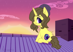 Size: 700x494 | Tagged: safe, artist:atlantic, oc, oc:astral flare, pony, unicorn, beanie, cute, eye clipping through hair, hat, sunset