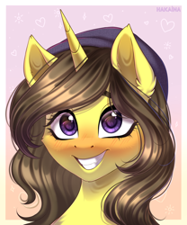 Size: 1500x1800 | Tagged: safe, artist:hakaina, oc, oc only, oc:astral flare, pony, unicorn, adorable face, beanie, blushing, cute, hat, smiling