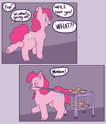 Size: 3000x3500 | Tagged: safe, artist:fatfurparadise, pinkie pie, pony, comic:pie panic, g4, colored hooves, comic, cutie mark, dialogue, eyes closed, female, food, frog (hoof), heart, high res, hoof heart, mare, pie, speech bubble, this will end in weight gain, tray, underhoof