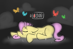 Size: 1200x800 | Tagged: safe, artist:antimationyt, fluttershy, pony, g4, cute, eyes closed, female, floppy ears, low battery, mare, missing cutie mark, night, profile, prone, simple background, sleeping, solo, stray strand, wingless
