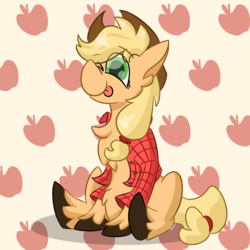 Size: 2000x2000 | Tagged: safe, artist:antimationyt, applejack, earth pony, pony, g4, chest fluff, clothes, cute, fluffy, high res, one eye closed, simple background, sitting, tongue out, wink