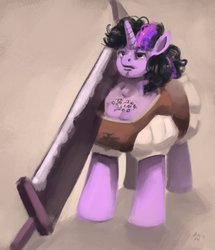 Size: 3021x3508 | Tagged: safe, artist:toisanemoif, twilight sparkle, pony, g4, buff, chest hair, clothes, female, high res, inktober, inktober 2019, muscles, solo, sword, weapon