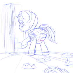 Size: 3000x3000 | Tagged: safe, artist:ricktin, shining armor, pony, fanfic:the tower, g4, armor, diaper, door, doorway, double diaper, fanfic art, frills, frilly diaper, high res, hoof shoes, humiliation, male, non-baby in diaper, open door, poofy diaper, sissy, sketch, solo, stairs