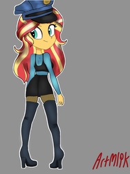 Size: 1536x2048 | Tagged: safe, artist:artmlpk, sunset shimmer, equestria girls, g4, badge, boots, clothes, costume, cute, female, fishnet stockings, halloween, halloween costume, hat, looking back, police officer, police uniform, shimmerbetes, shoes, simple background, socks, solo, thigh boots, thigh highs