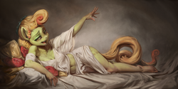 Size: 1200x600 | Tagged: safe, artist:assasinmonkey, oc, oc only, oc:faint retinue, earth pony, anthro, plantigrade anthro, first contact war, armpits, barefoot, clothes, cutie mark, digital painting, feet, female, mare, open mouth, solo