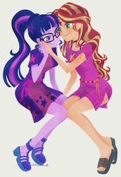 Size: 702x1024 | Tagged: safe, artist:5mmumm5, sci-twi, sunset shimmer, twilight sparkle, equestria girls, equestria girls specials, g4, my little pony equestria girls: better together, my little pony equestria girls: spring breakdown, blushing, caress, choker, duo, duo female, feet, female, glasses, holding hands, lesbian, love, sandals, ship:sci-twishimmer, ship:sunsetsparkle, shipping