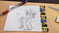 Size: 4032x2268 | Tagged: safe, artist:engi, oc, oc only, oc:aurelleah, oc:aurry, pegasus, pony, bow, clothes, cute, engi is trying to murder us, female, hair bow, happy, looking at you, mare, monochrome, open mouth, pencil, pencil drawing, simple background, smiling, solo, traditional art, wings