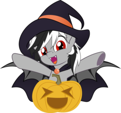 Size: 924x865 | Tagged: safe, artist:jhayarr23, oc, oc:stormdancer, bat pony, pony, bat pony oc, bat wings, cape, clothes, costume, halloween, halloween costume, happy, hat, holiday, jack-o-lantern, pumpkin, smiling, wings, witch, witch hat