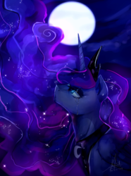 Size: 1800x2416 | Tagged: safe, artist:riukime, princess luna, alicorn, pony, bust, crown, crying, digital art, ethereal mane, female, horn, jewelry, mare, moon, peytral, portrait, profile, regalia, solo, starry mane