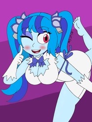 Size: 1932x2576 | Tagged: safe, artist:c_w, sonata dusk, equestria girls, g4, alternate hairstyle, blushing, clothes, cosplay, costume, cute, eyeshadow, feet, female, finger on cheek, halloween, halloween costume, leg in air, looking at you, makeup, one eye closed, pigtails, plump, smiling, solo, sonatabetes, twintails, wink