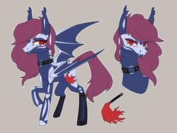 Size: 2012x1504 | Tagged: safe, artist:fredsonv, oc, oc only, oc:adlyde, bat pony, pony, body tattoo, choker, clothes, fangs, red eyes, reference sheet, socks, solo, spiked choker, tattoo, thigh highs