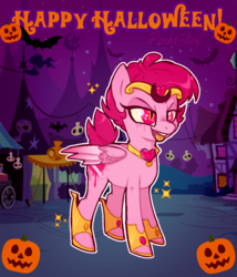 Size: 1200x1400 | Tagged: safe, artist:lilpinkghost, oc, bat, pegasus, pony, caption, clothes, costume, cute, evil, halloween, halloween costume, heart, holiday, nightmare night, pumpkin, solo, spooky, text