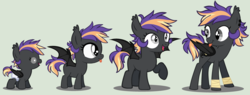 Size: 3644x1392 | Tagged: dead source, safe, artist:grumppanda, oc, oc only, oc:nebulous moon, bat pony, pony, 5-year-old, age progression, baby, baby pony, biography in description, diaper, female, filly, simple background, solo, story included, teenager