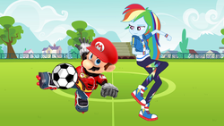 Size: 1421x800 | Tagged: safe, artist:epiccartoonsfan, artist:ilaria122, artist:vg805smashbros, rainbow dash, human, equestria girls, g4, my little pony equestria girls: better together, ball, barely eqg related, converse, crossover, field, football, geode of super speed, magical geodes, male, maridash, mario, mario strikers, mario strikers charged, nintendo, school, shoes, soccer field, sports, super mario bros.