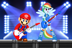 Size: 1928x1284 | Tagged: safe, artist:sigmastarlight, artist:vg805smashbros, rainbow dash, human, equestria girls, g4, my little pony equestria girls: rainbow rocks, air guitar, barely eqg related, concert, crossover, electric guitar, guitar, light, male, maridash, mario, musical instrument, nintendo, pegasus wings, ponied up, pony ears, rock and roll, rock concert, stage, stage light, super mario bros., wings